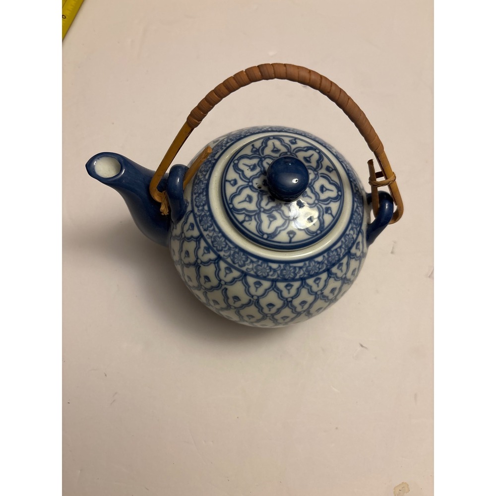 Nantucket Blue White Ceramic Teapot Wicker Handle Decorative Asian Style